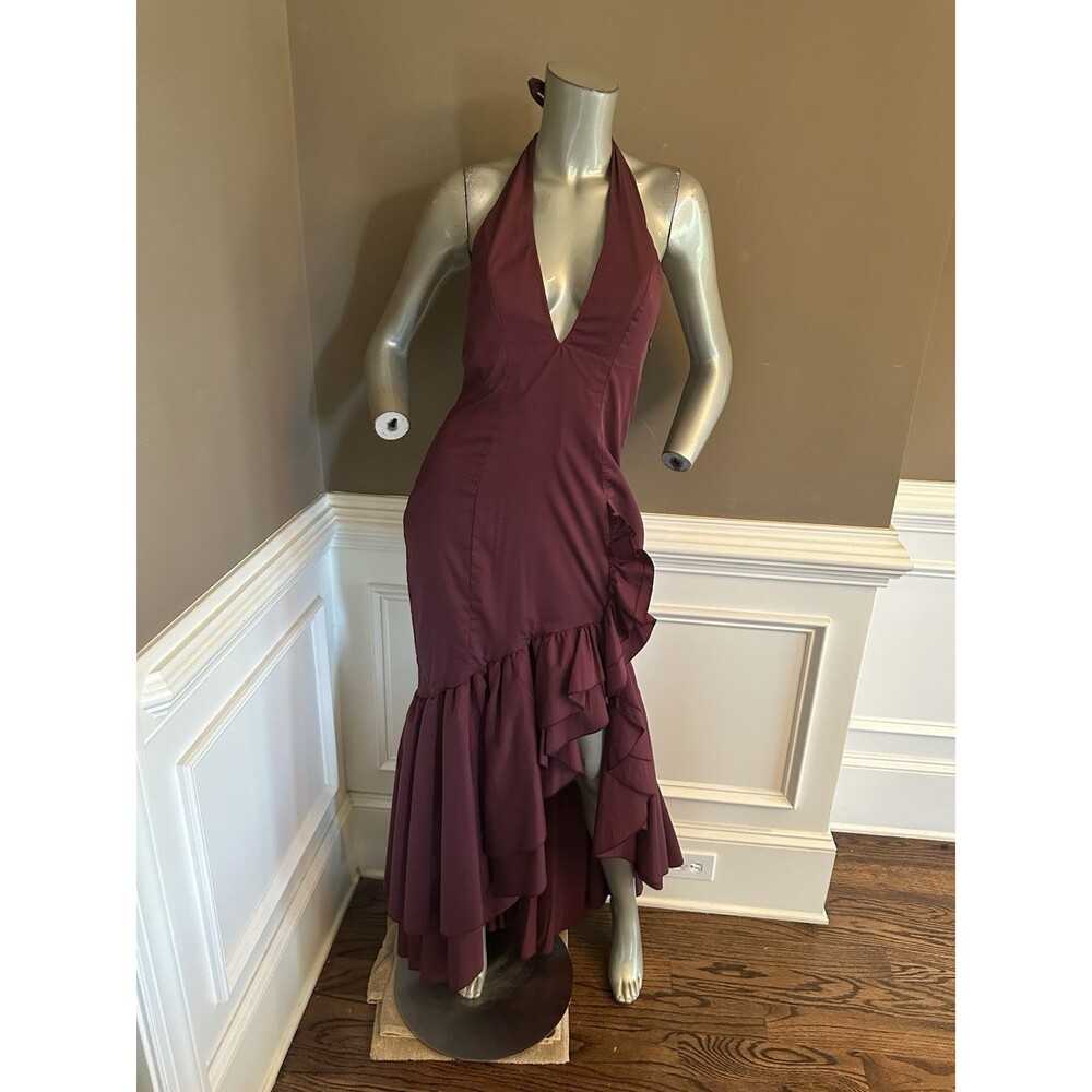 Babyboo Burgundy Ruffle High Split Maxi Plunge Halter Dress Sz M